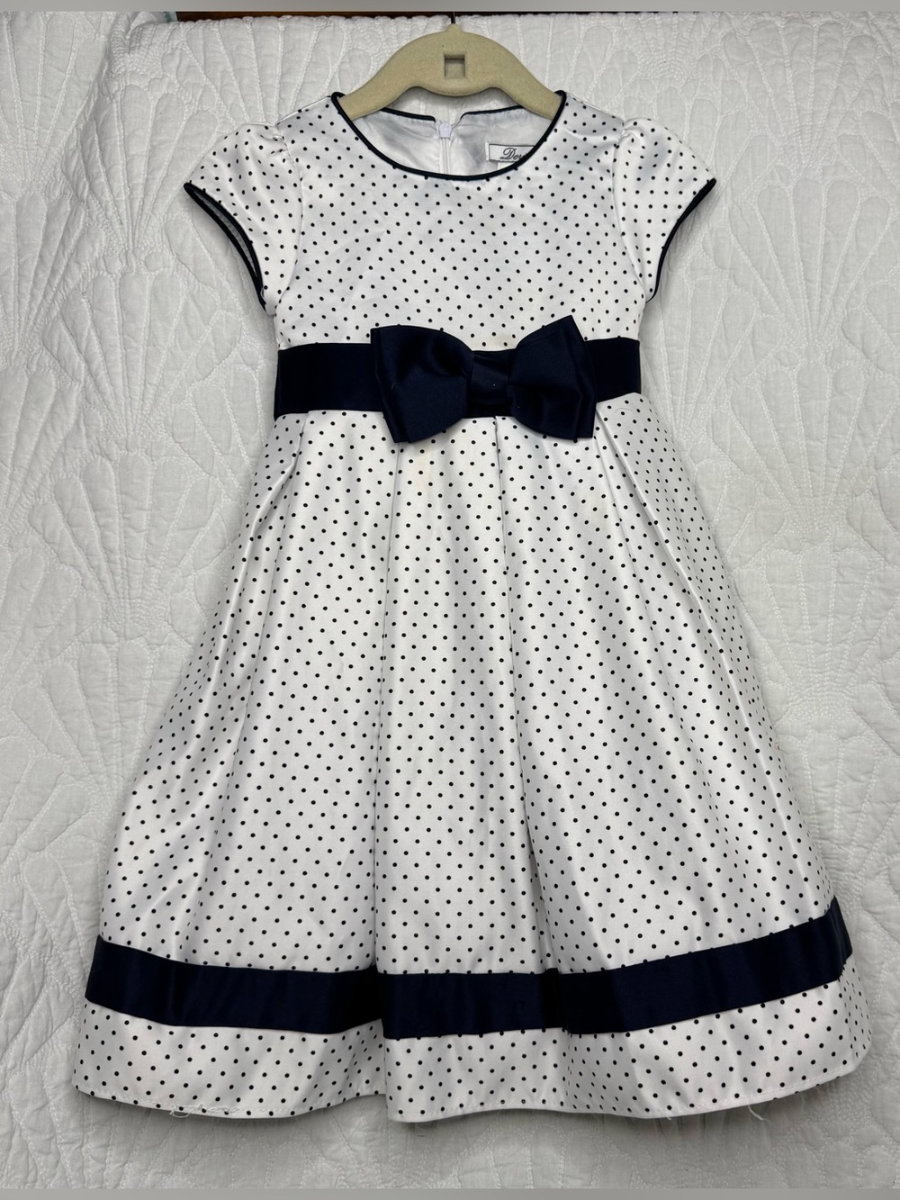 Dorissa White Polka Dot Dress with Navy Trim - 2T